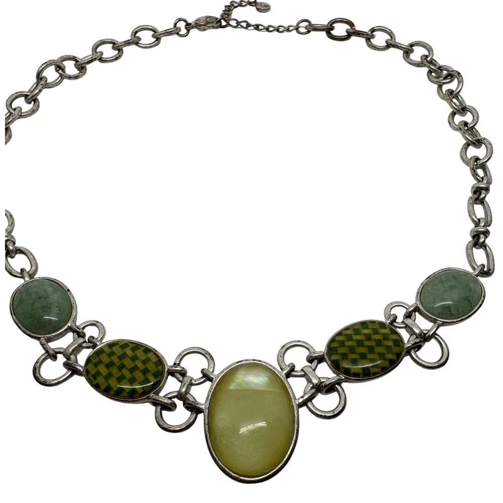 Liz Claiborne Silver‎ Tone Statement Necklace Green Stone Oval Pendant Bib Style